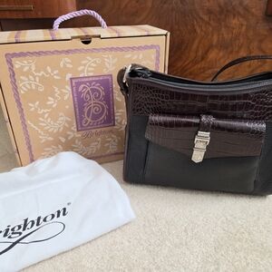 Brighton Black and Dark Brown Croc-Embossed Leather Frame Shoulder Bag Purse